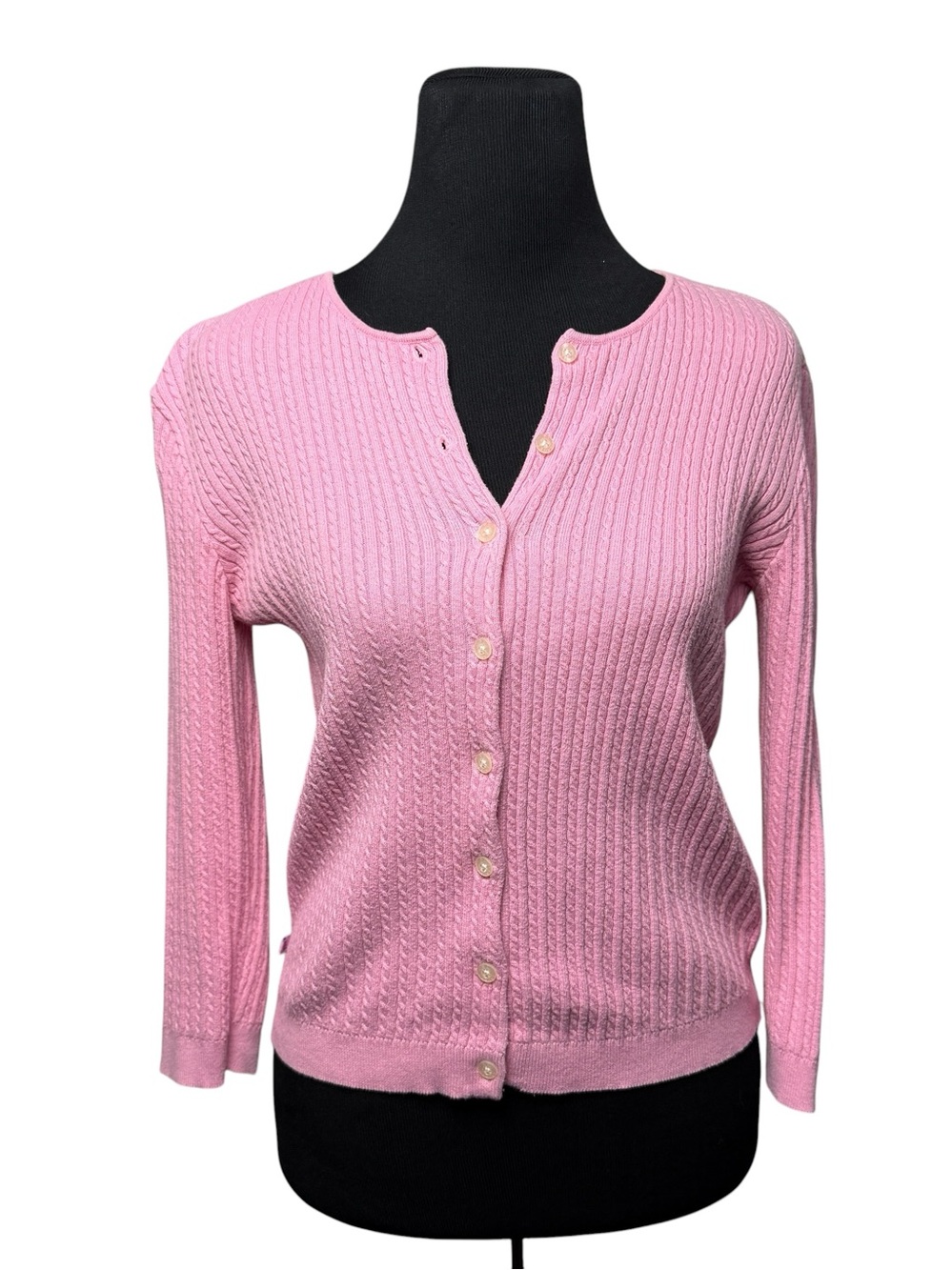 Lauren Ralph Lauren Pink Cardigan Cable Knit 3/4 Sleeve SZ *M Crew Neck Preppy